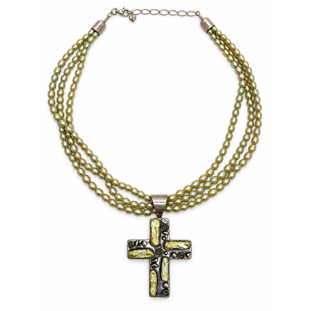 Jay King DTR Sterling Silver Peridot Cross Green Pearl 3 Strand Necklace